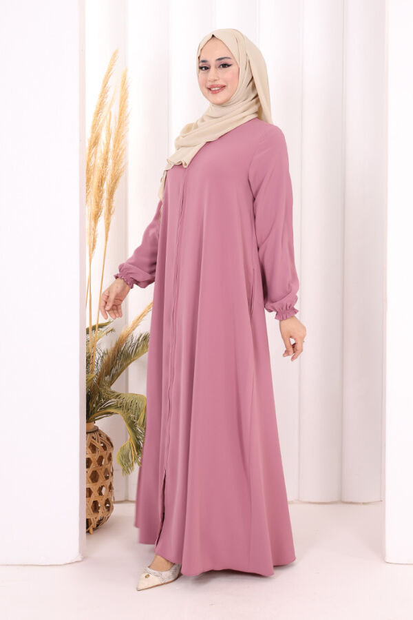 Fermuarlı Kol Manşetleri Büzgülü Mevlana Ferace 6007 Pudra - 3