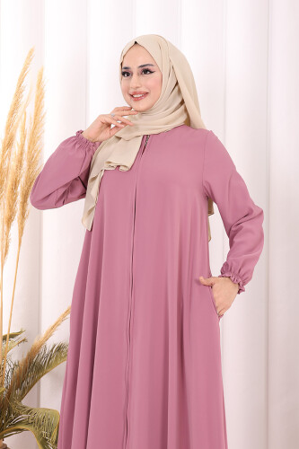 Fermuarlı Kol Manşetleri Büzgülü Mevlana Ferace 6007 Pudra - 5