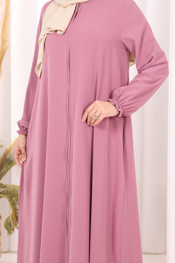 Fermuarlı Kol Manşetleri Büzgülü Mevlana Ferace 6007 Pudra - 6