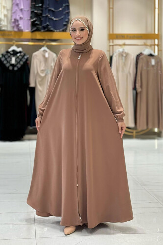 Fermuarlı Kol Manşetleri Büzgülü Mevlana Ferace 6007 Vizon - Bym Fashion