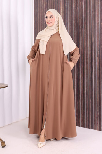 Fermuarlı Kol Manşetleri Büzgülü Mevlana Ferace 6007 Vizon - Bym Fashion