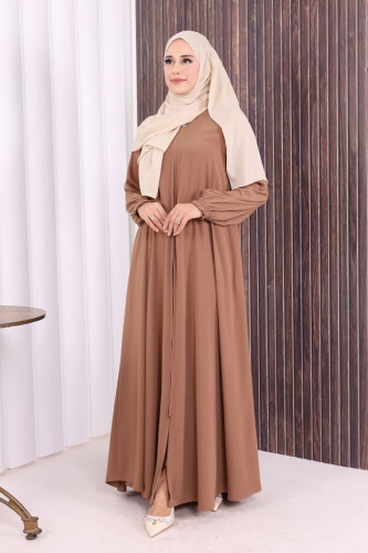 Fermuarlı Kol Manşetleri Büzgülü Mevlana Ferace 6007 Vizon - 2