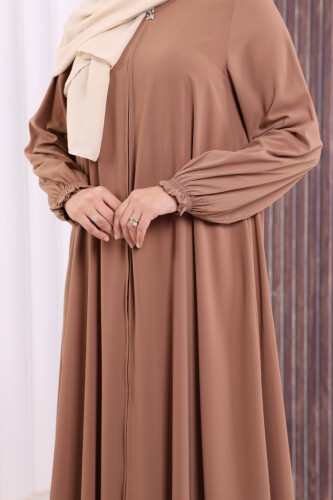 Fermuarlı Kol Manşetleri Büzgülü Mevlana Ferace 6007 Vizon - 5