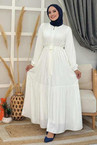 Fermuarlı Kol Manşetleri Lastikli Fırfırlı Elbise 6001 Ekru - Bym Fashion