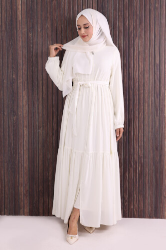 Fermuarlı Kol Manşetleri Lastikli Fırfırlı Elbise 6001 Ekru - Bym Fashion