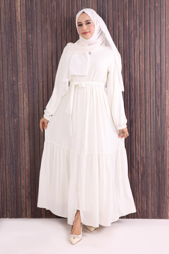 Fermuarlı Kol Manşetleri Lastikli Fırfırlı Elbise 6001 Ekru - 2