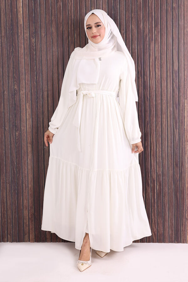 Fermuarlı Kol Manşetleri Lastikli Fırfırlı Elbise 6001 Ekru - 2