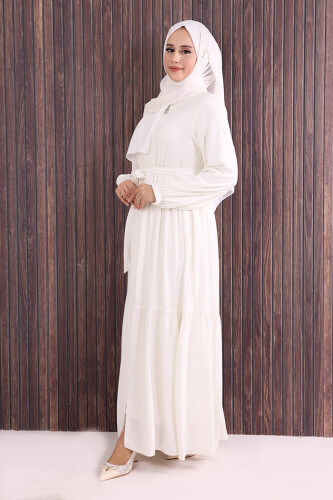 Fermuarlı Kol Manşetleri Lastikli Fırfırlı Elbise 6001 Ekru - 3