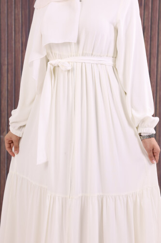 Fermuarlı Kol Manşetleri Lastikli Fırfırlı Elbise 6001 Ekru - 6