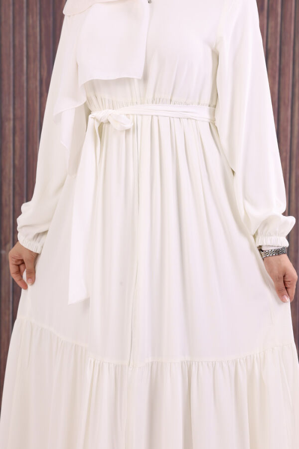 Fermuarlı Kol Manşetleri Lastikli Fırfırlı Elbise 6001 Ekru - 6