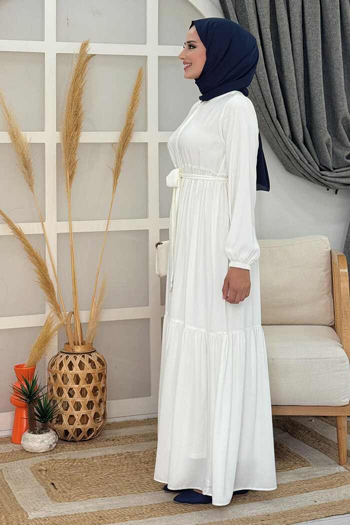 Dubai Fermuarlı Kol Manşetleri Lastikli Fırfırlı Elbise 6001 Ekru - 8