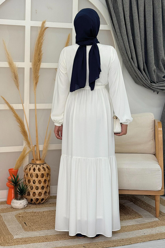 Dubai Fermuarlı Kol Manşetleri Lastikli Fırfırlı Elbise 6001 Ekru - 9