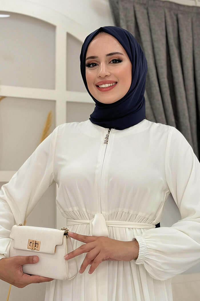 Dubai Fermuarlı Kol Manşetleri Lastikli Fırfırlı Elbise 6001 Ekru - 10