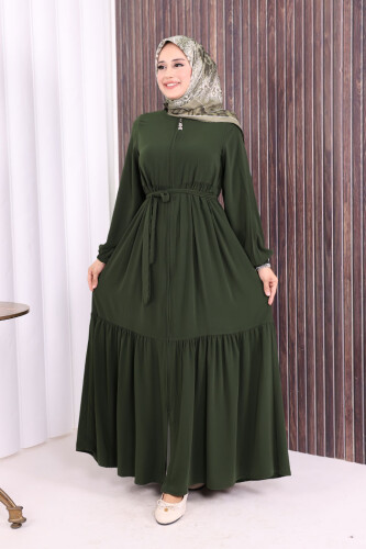 Fermuarlı Kol Manşetleri Lastikli Fırfırlı Elbise 6001 Haki - Bym Fashion