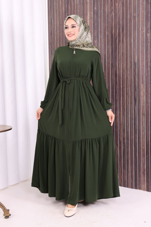 Fermuarlı Kol Manşetleri Lastikli Fırfırlı Elbise 6001 Haki - 1