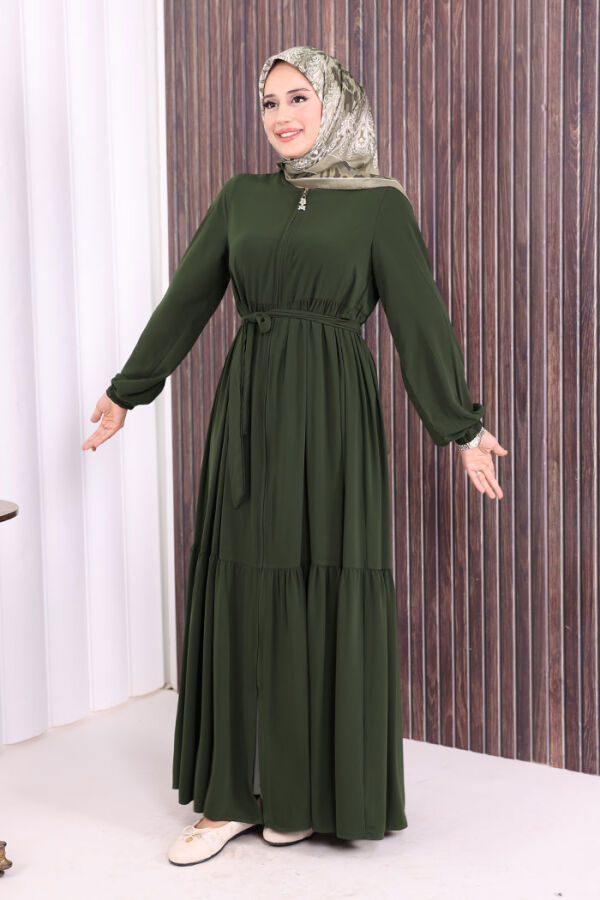 Fermuarlı Kol Manşetleri Lastikli Fırfırlı Elbise 6001 Haki - 2