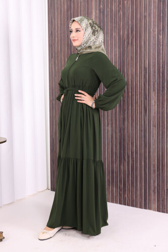 Fermuarlı Kol Manşetleri Lastikli Fırfırlı Elbise 6001 Haki - 3