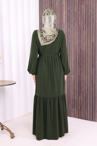 Fermuarlı Kol Manşetleri Lastikli Fırfırlı Elbise 6001 Haki - 4