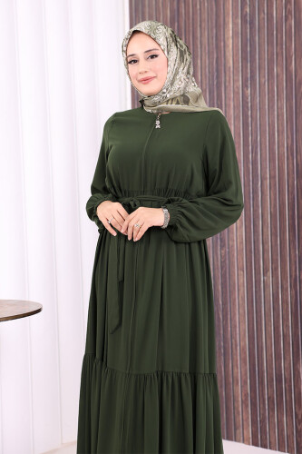 Fermuarlı Kol Manşetleri Lastikli Fırfırlı Elbise 6001 Haki - 5