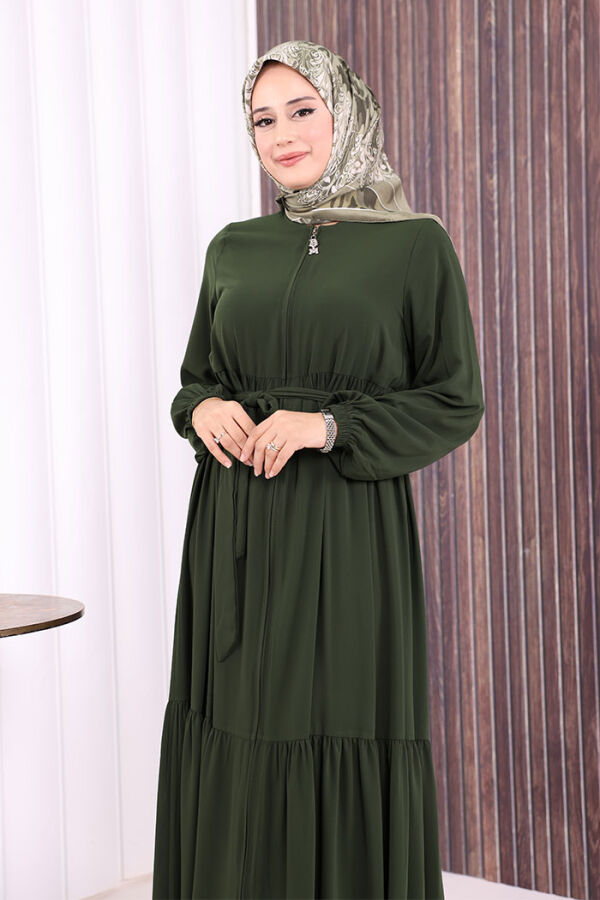 Fermuarlı Kol Manşetleri Lastikli Fırfırlı Elbise 6001 Haki - 5