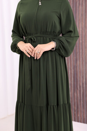 Fermuarlı Kol Manşetleri Lastikli Fırfırlı Elbise 6001 Haki - 6