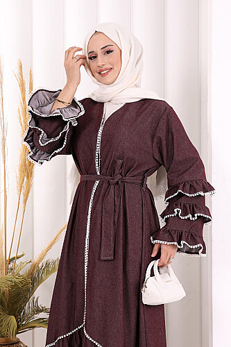 Fırfır Detaylı Abaya 6078 Bordo - 6