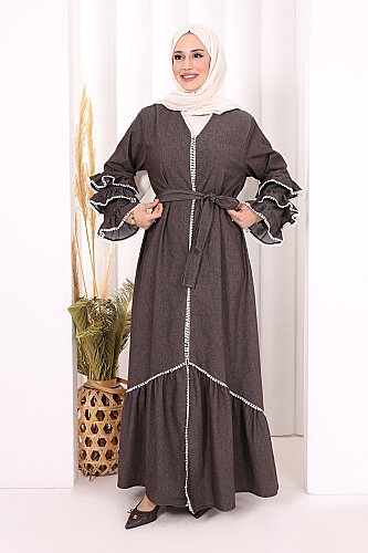 Fırfır Detaylı Abaya 6078 Kahverengi
