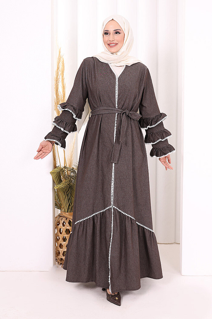 Fırfır Detaylı Abaya 6078 Kahverengi - 2