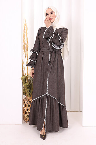 Fırfır Detaylı Abaya 6078 Kahverengi - 3
