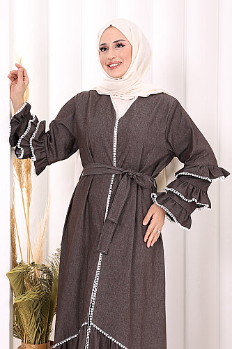 Fırfır Detaylı Abaya 6078 Kahverengi - 5