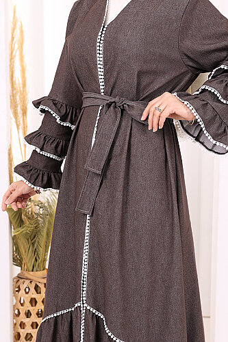 Fırfır Detaylı Abaya 6078 Kahverengi - 6