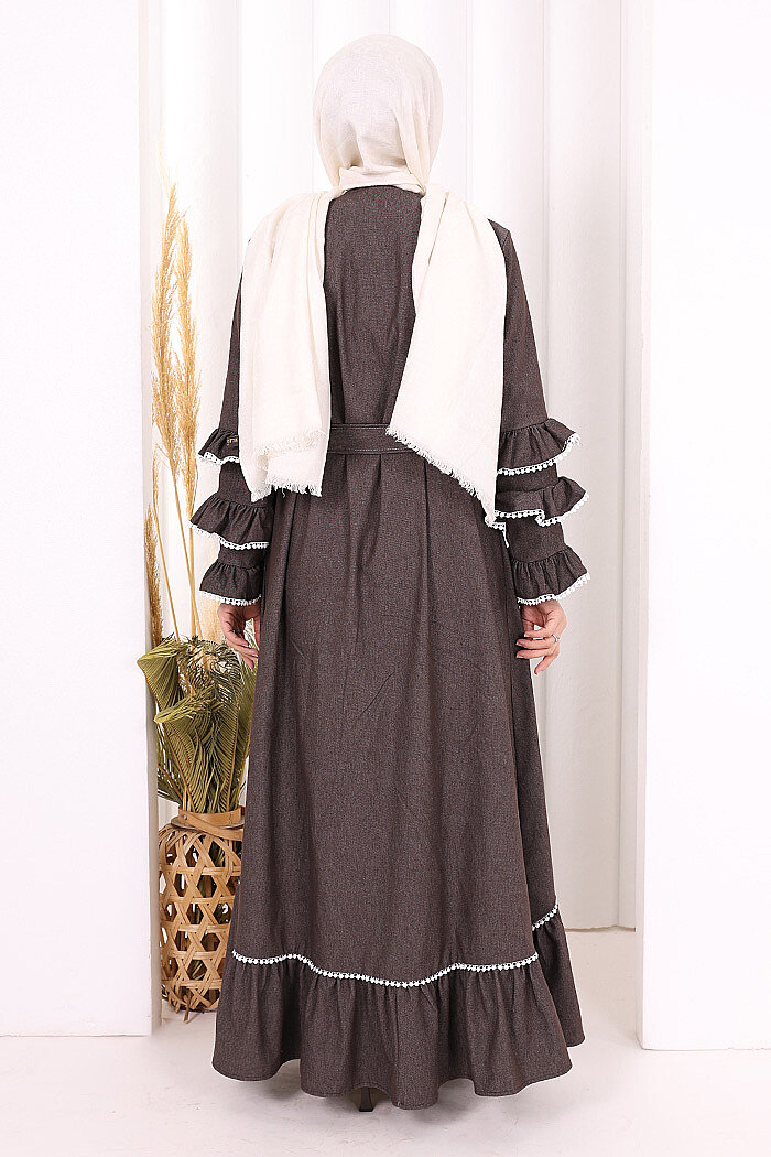 Fırfır Detaylı Abaya 6078 Kahverengi - 4