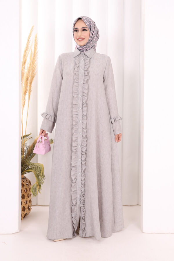 Fırfır Detaylı Elbise 6066 Açık Gri - 1