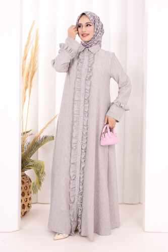 Fırfır Detaylı Elbise 6066 Açık Gri - 3