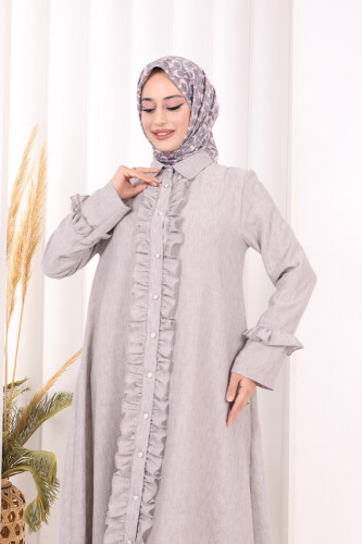 Fırfır Detaylı Elbise 6066 Açık Gri - 4