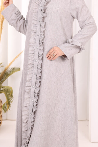 Fırfır Detaylı Elbise 6066 Açık Gri - 5