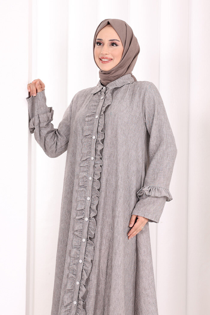 Fırfır Detaylı Elbise 6066 Kahverengi - 5