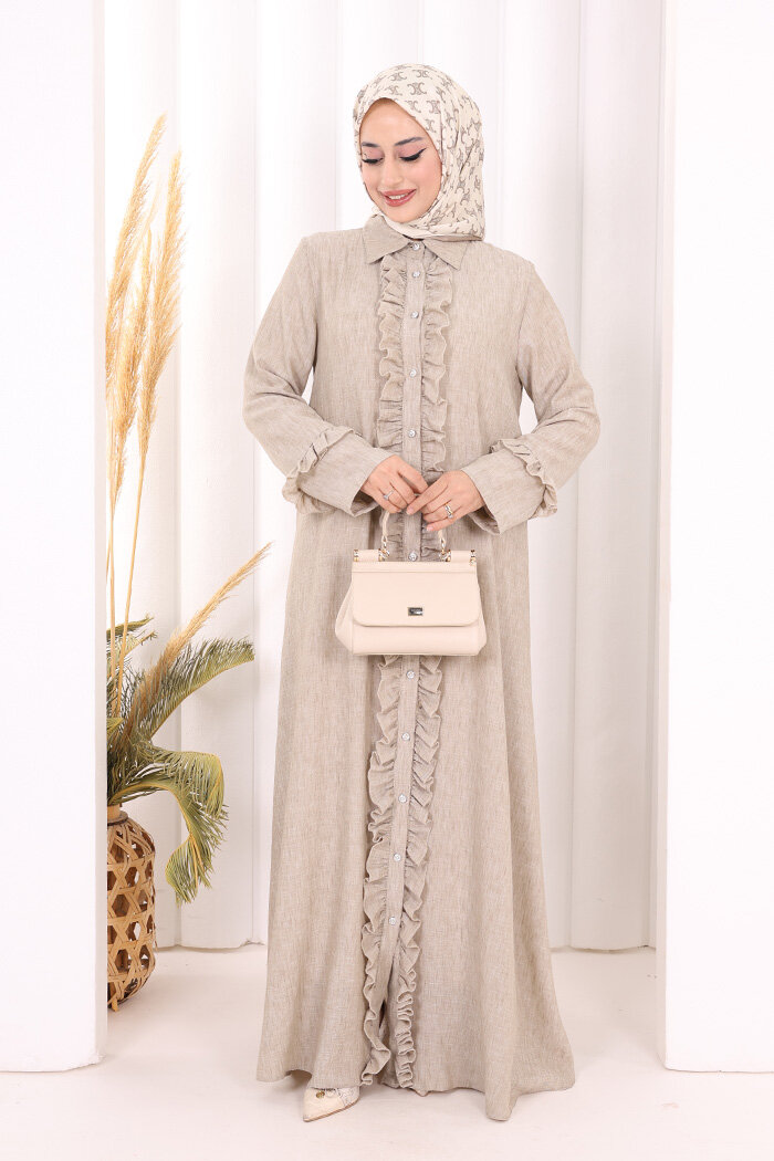 Fırfır Detaylı Elbise 6066 Vizon - 1