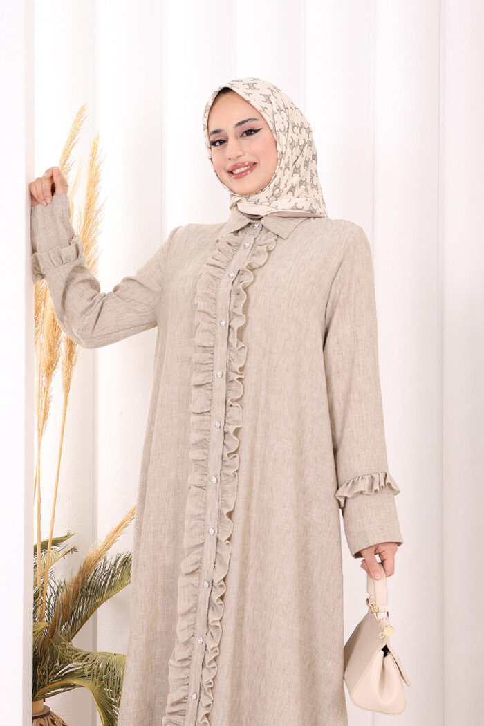 Fırfır Detaylı Elbise 6066 Vizon - 4