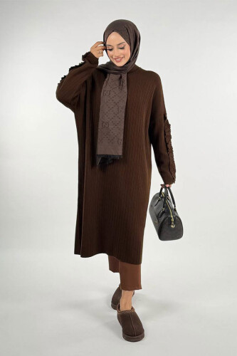 Fırfır Kol Triko Tunik 18305 Kahverengi - Bym Fashion