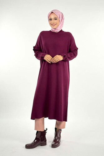 Fırfır Kol Triko Tunik 18305 Mürdüm - Bym Fashion