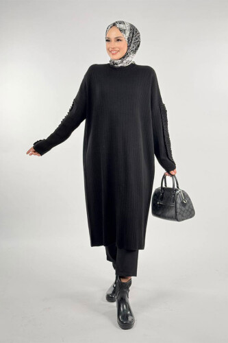 Fırfır Kol Triko Tunik 18305 Siyah - Bym Fashion