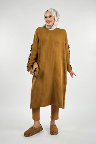 Fırfır Kol Triko Tunik 18305 Taba 