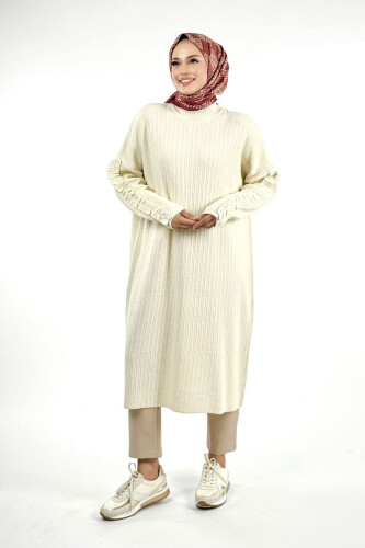 Fırfır Kol Triko Tunik 18305 Taş - Bym Fashion