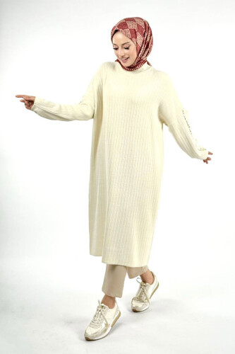 Fırfır Kol Triko Tunik 18305 Taş - 3