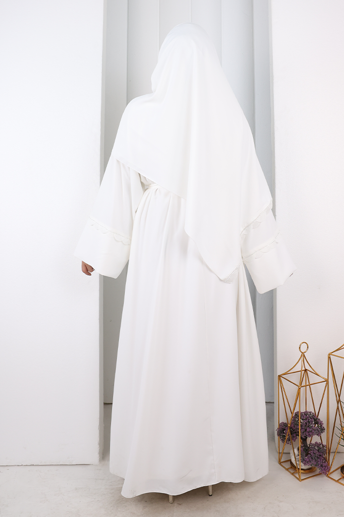 Fırfır Taşlı Detaylı Şallı Abaya 9204 Ekru - 3