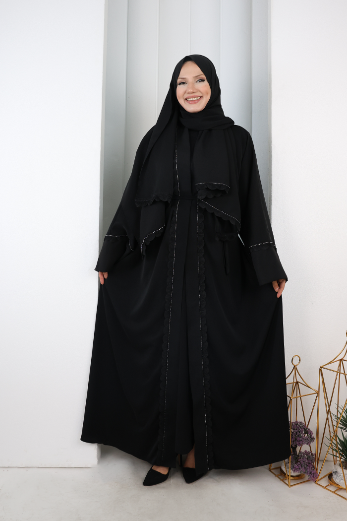 Fırfır Taşlı Detaylı Şallı Abaya 9204 Siyah - 1
