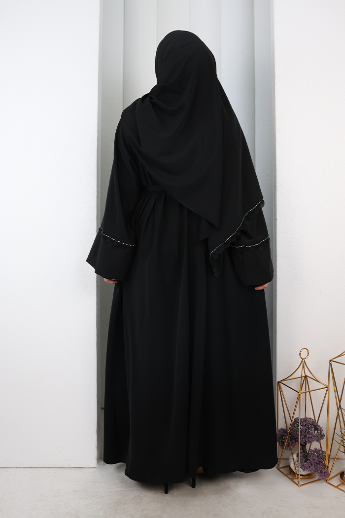 Fırfır Taşlı Detaylı Şallı Abaya 9204 Siyah - 3