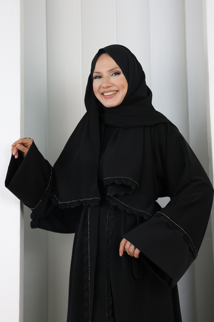 Fırfır Taşlı Detaylı Şallı Abaya 9204 Siyah - 4