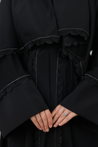 Fırfır Taşlı Detaylı Şallı Abaya 9204 Siyah - 5